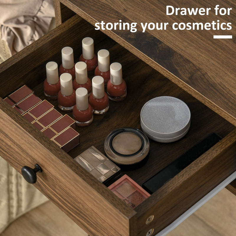 Consolle Trucco con Specchio e Sgabello in Legno e Metallo Color Noce