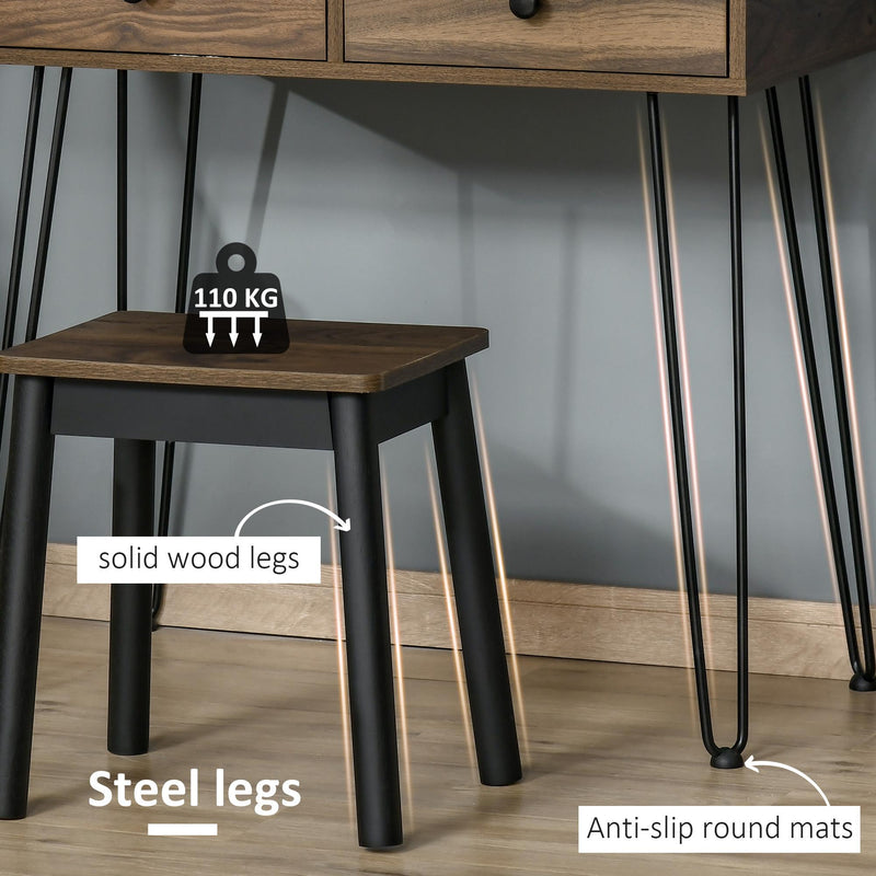 Consolle Trucco con Specchio e Sgabello in Legno e Metallo Color Noce