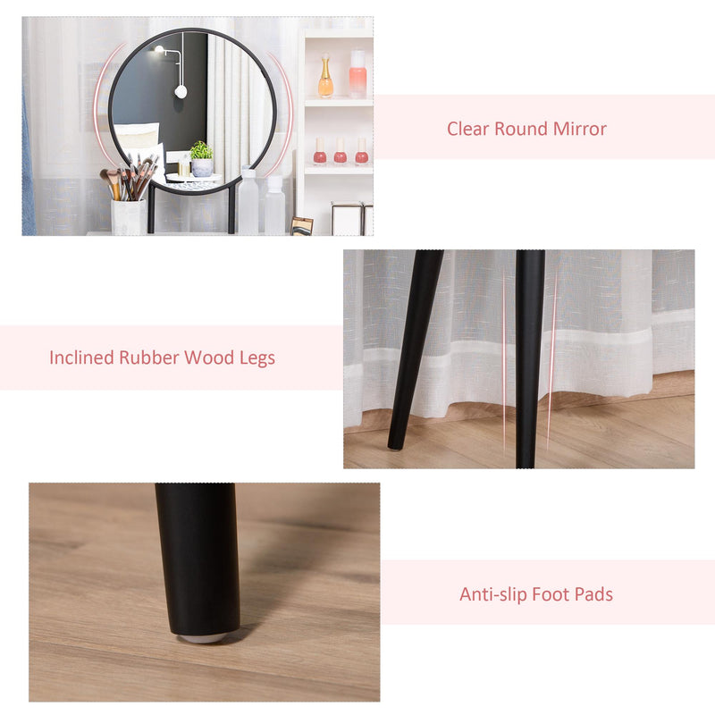 Consolle Trucco con Specchio e Sgabello in Legno Bianco e Nero