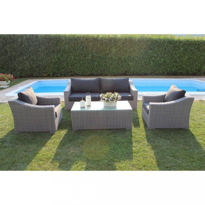 Set Salotto da Giardino Divano 2 Poltrone e Tavolino con Cuscini in Wicker Grigio