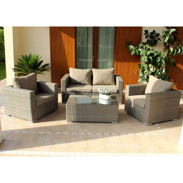 sconto Set Salotto da Giardino Divano 2 Poltrone e Tavolino con Cuscini in Wicker Marrone