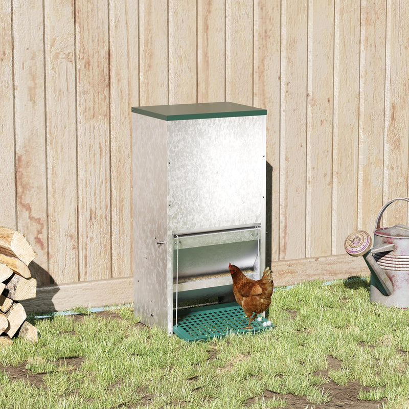 Mangiatoia per Galline 33,5x38,5x66 cm in Metallo Zincato e Alluminio Argento