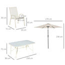 Set Tavolo 6 Sedie e Ombrellone da Giardino in Metallo e Poliestere Bianco