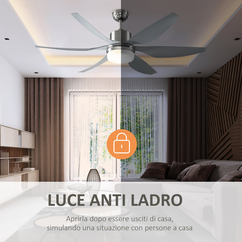 Ventilatore da Soffitto 6 Pale e Lampada LED Ø132x40 cm 6 Velocità Argento