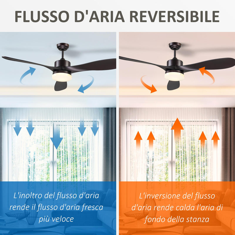 Ventilatore da Soffitto 3 Pale e Lampada LED Ø132x43 cm 6 Velocità Marrone