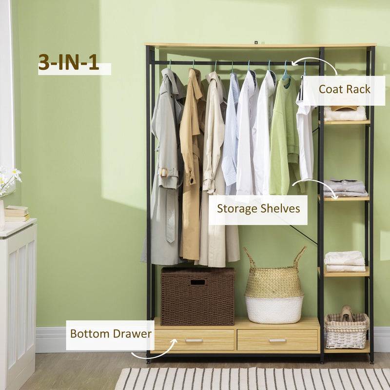 Appendiabiti con 2 Cassetti 4 Ripiani 130x40x180 cm in Acciaio e Truciolato Nero e Legno