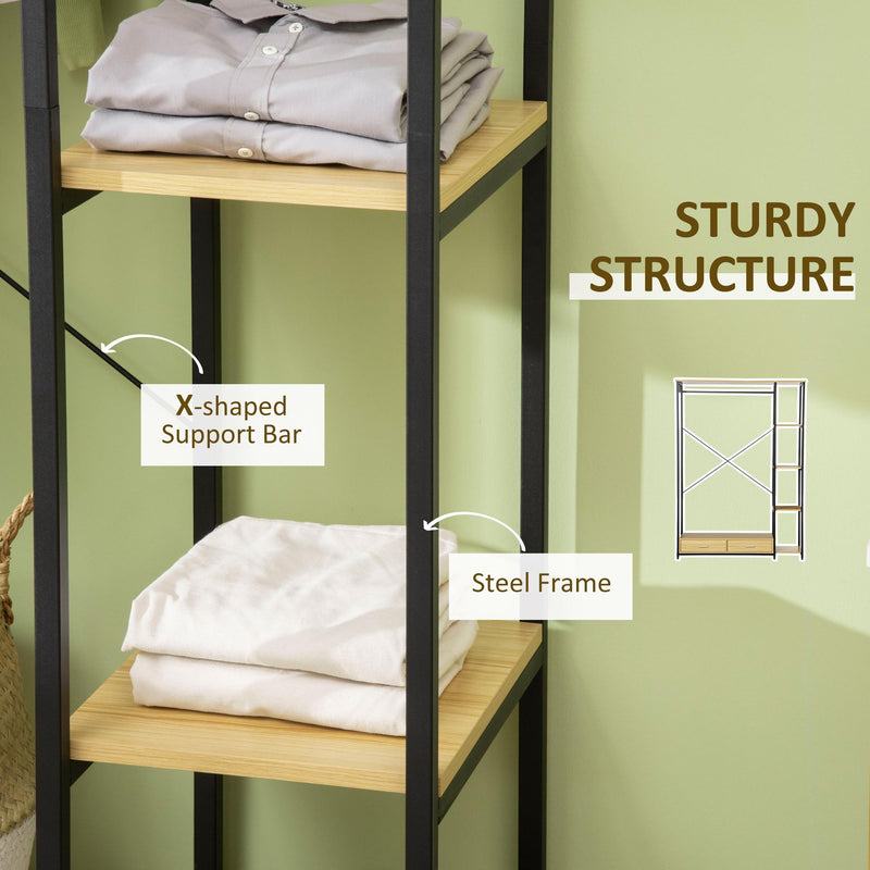 Appendiabiti con 2 Cassetti 4 Ripiani 130x40x180 cm in Acciaio e Truciolato Nero e Legno