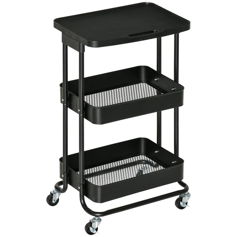Carrello Portavivande da Cucina 3 Ripiani 46x34,5x76,5 cm con Ruote in Acciaio Nero