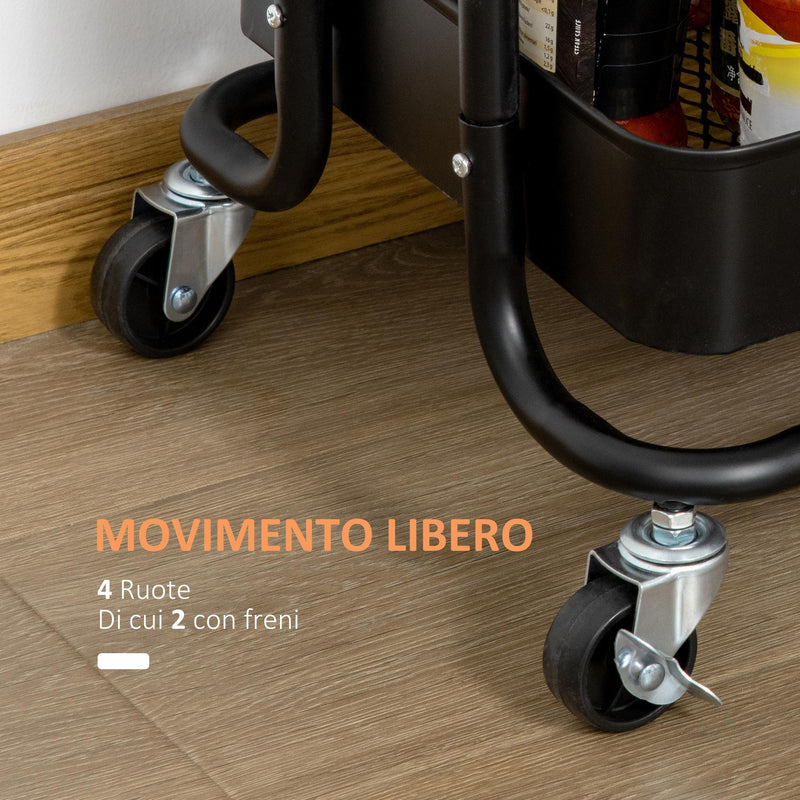 Carrello Portavivande da Cucina 3 Ripiani 46x34,5x76,5 cm con Ruote in Acciaio Nero
