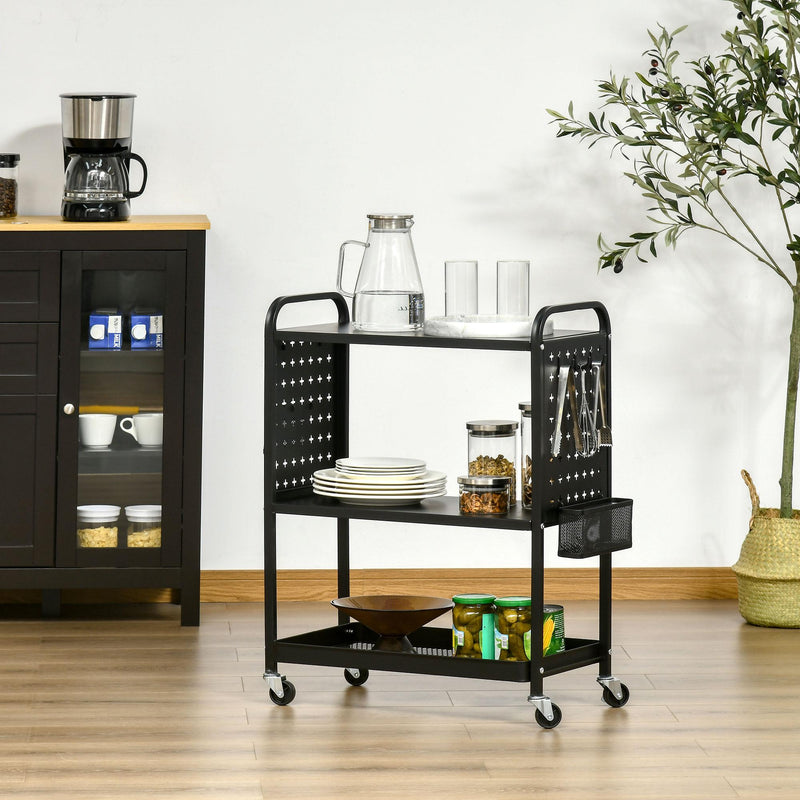 Carrello Portavivande da Cucina 3 Ripiani 70x33,4x80,5 cm con Ruote in Acciaio Nero