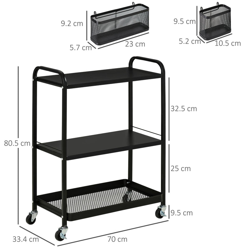 Carrello Portavivande da Cucina 3 Ripiani 70x33,4x80,5 cm con Ruote in Acciaio Nero