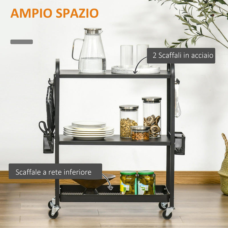 Carrello Portavivande da Cucina 3 Ripiani 70x33,4x80,5 cm con Ruote in Acciaio Nero