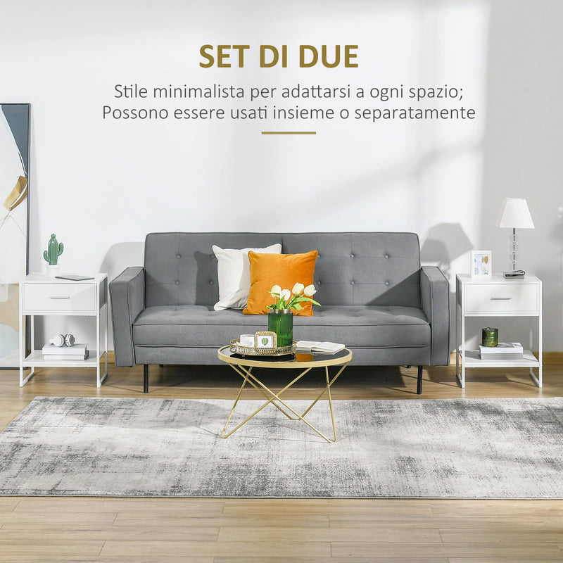 Set 2 Comodini 1 Cassetto 1 Ripiano 45x40x60 cm in Acciaio e Truciolato Bianco