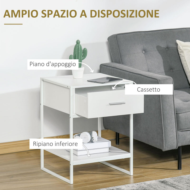 Set 2 Comodini 1 Cassetto 1 Ripiano 45x40x60 cm in Acciaio e Truciolato Bianco