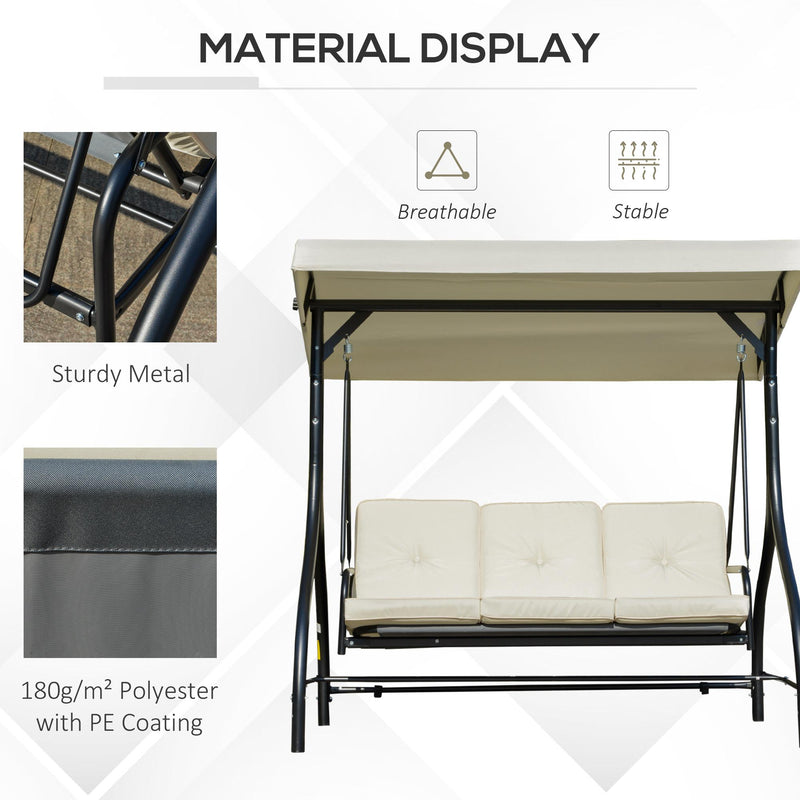 Dondolo Letto 3 Posti 195x117x174 cm in Metallo e Poliestere Nero e Beige