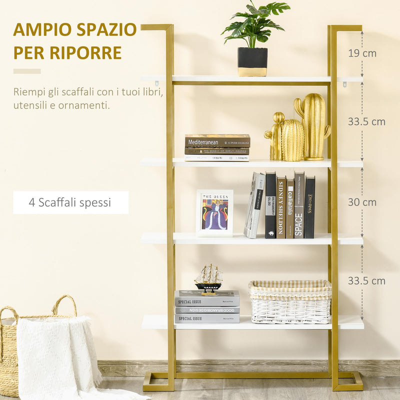 Libreria 4 Ripiani 92x35x152 cm in MDF e Acciaio Bianco e Oro