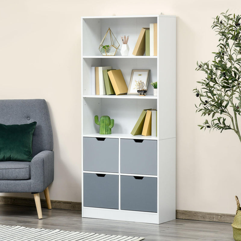 Libreria 4 Cassetti 3 Ripiani 76x30x173 cm in MDF e Truciolato Bianco e Grigio