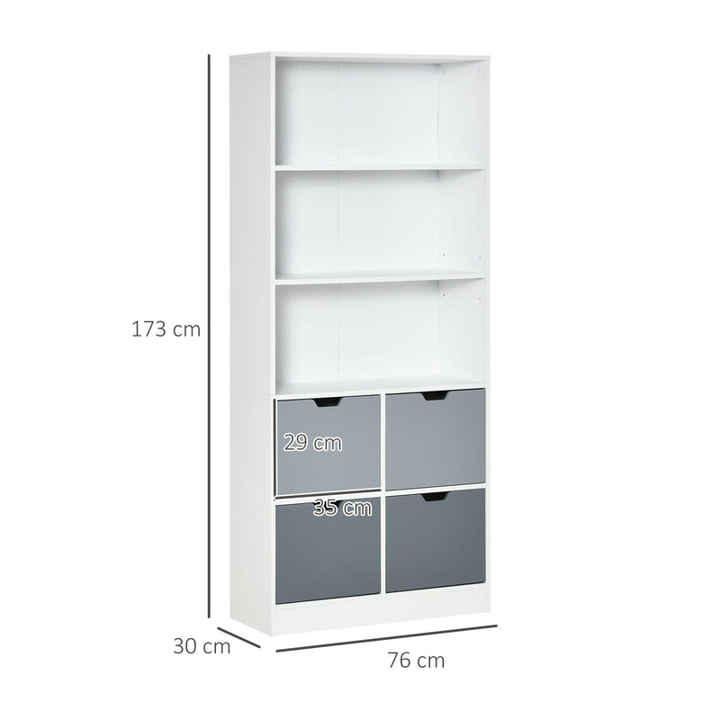 Libreria 4 Cassetti 3 Ripiani 76x30x173 cm in MDF e Truciolato Bianco e Grigio