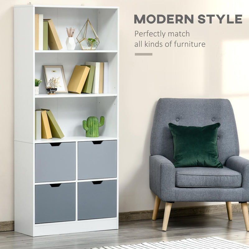 Libreria 4 Cassetti 3 Ripiani 76x30x173 cm in MDF e Truciolato Bianco e Grigio