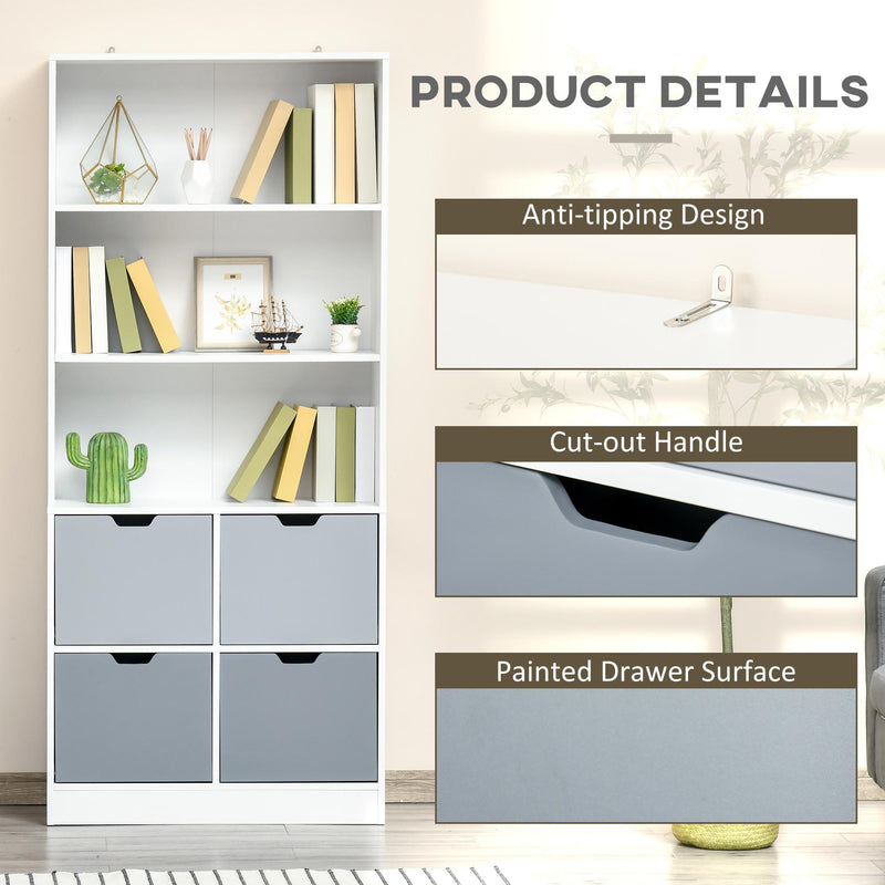 Libreria 4 Cassetti 3 Ripiani 76x30x173 cm in MDF e Truciolato Bianco e Grigio