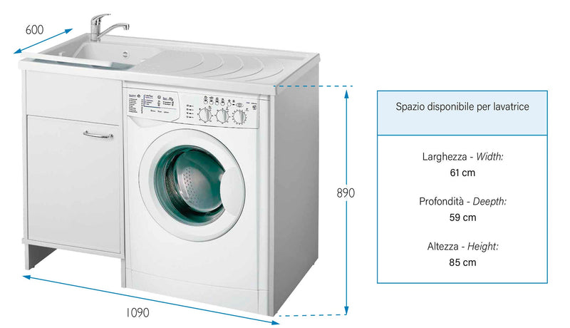 Lavatoio e Coprilavatrice in PVC 109x60x89 cm Forlani Tidy Bianco Lato Destro
