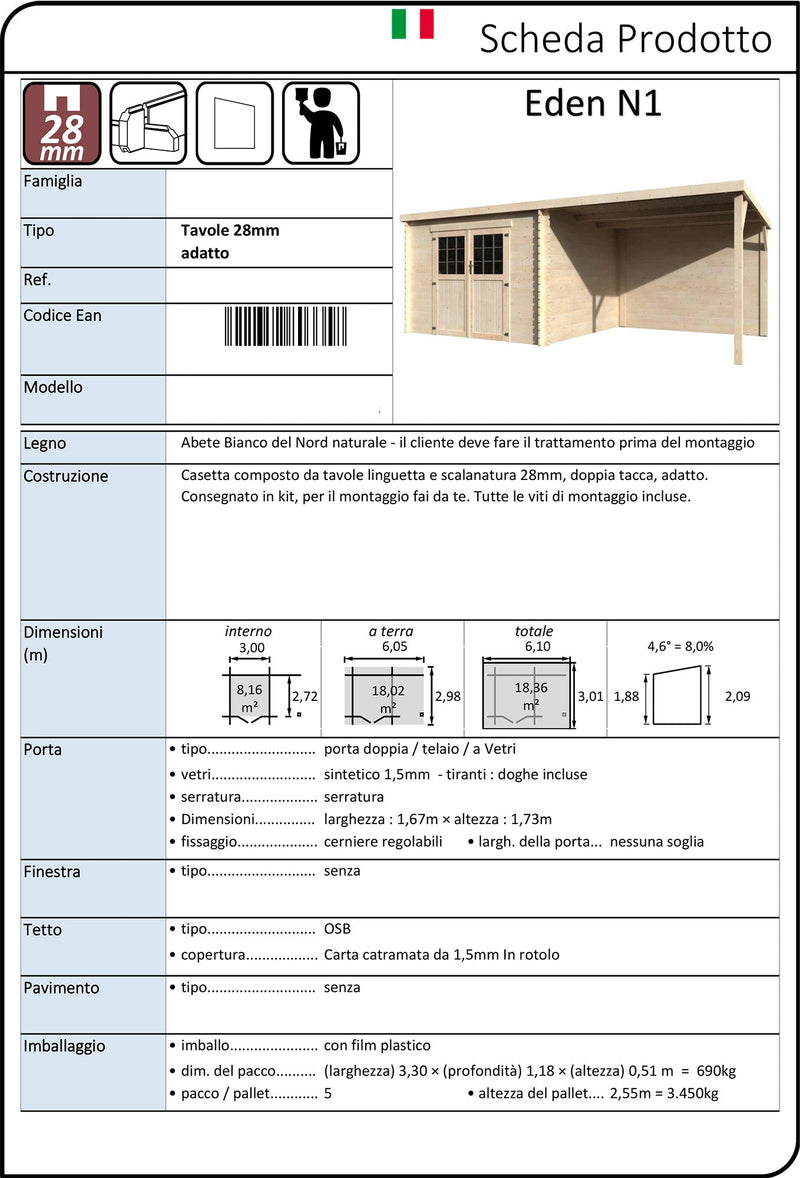Casetta Box da Giardino per Attrezzi 6,10x3m Senza Pavimento con Tettoia in Legno Abete 28mm Eden