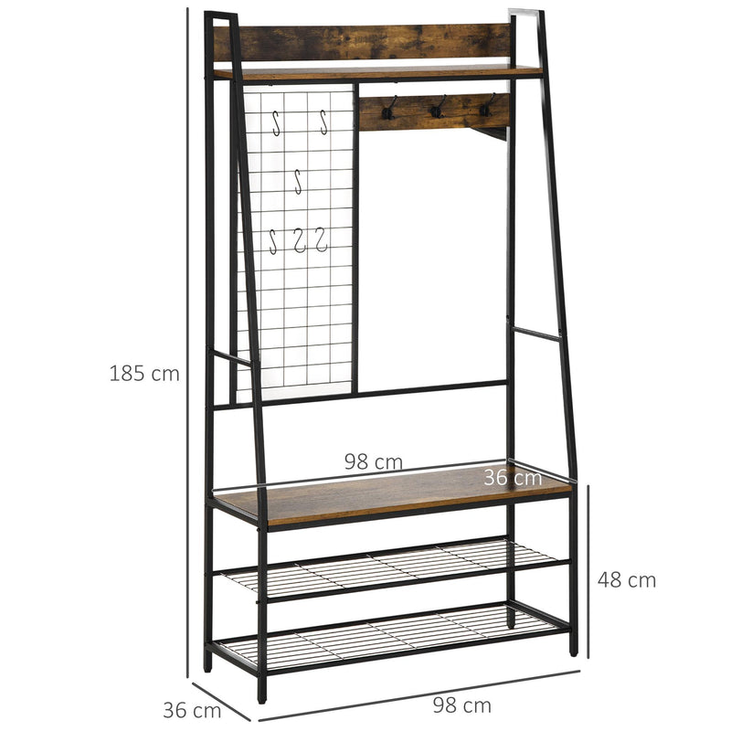 Appendiabiti da Terra 98x36x185 cm con Scarpiera e Panca in Legno e Acciaio Marrone
