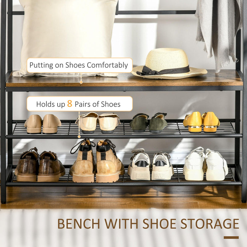 Appendiabiti da Terra 98x36x185 cm con Scarpiera e Panca in Legno e Acciaio Marrone