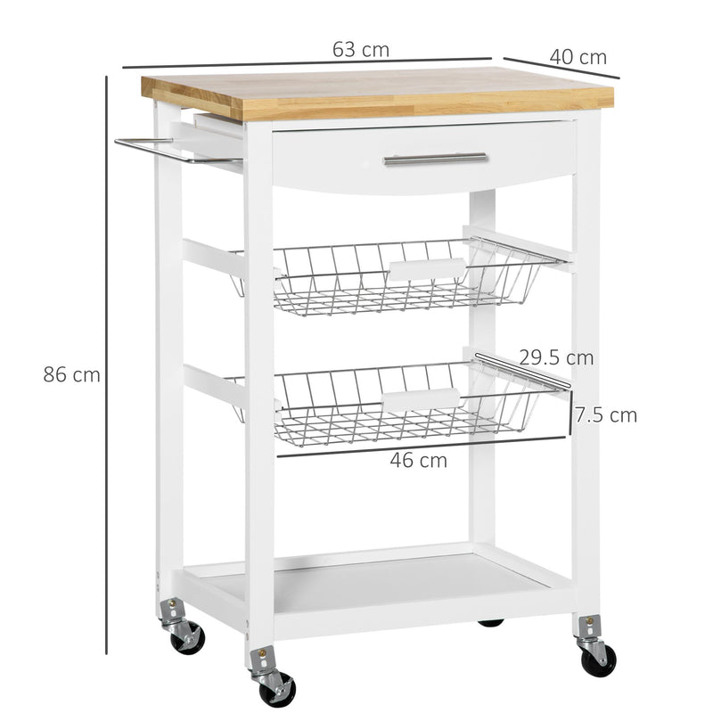 Carrello da Cucina 63x40x86 cm 1 Cassetto 2 Cestini in MDF e Legno Bianco