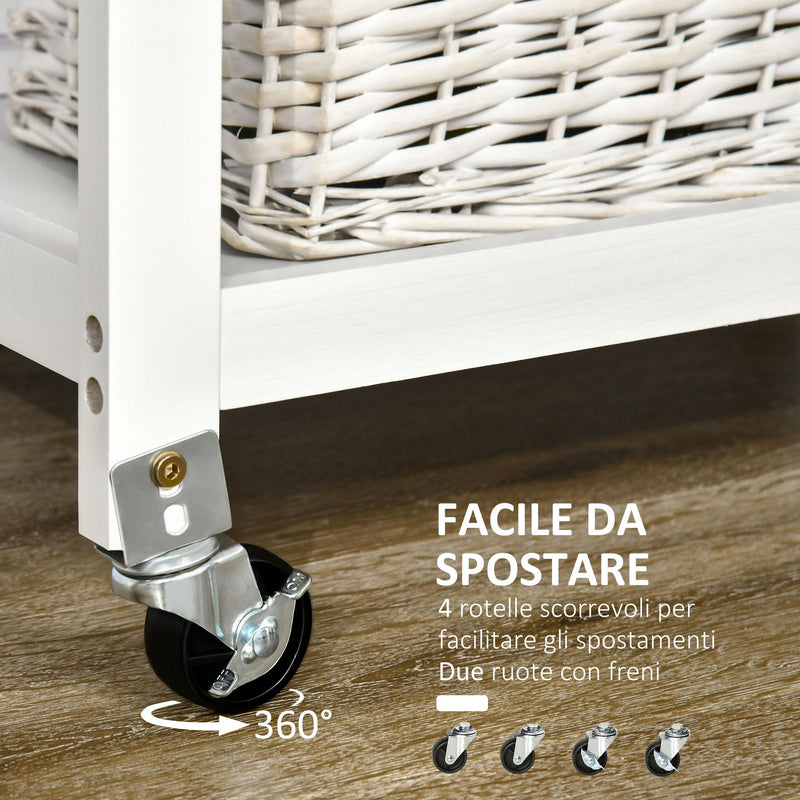 Carrello da Cucina 63x40x86 cm 1 Cassetto 2 Cestini in MDF e Legno Bianco