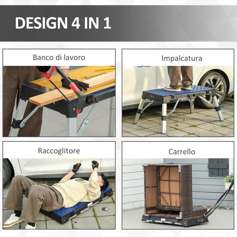 Banco da Lavoro 4 in 1 Pieghevole 132x82,5x77,5 cm in Lega di Alluminio