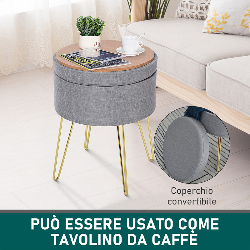 Pouf Contenitore 2 in 1 36x36x45 cm in Metallo Oro e Tessuto Grigio