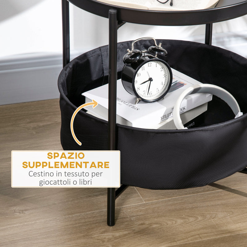 Tavolino da Caffè Ø46x48 cm in Acciaio con Cestino in Tessuto Nero