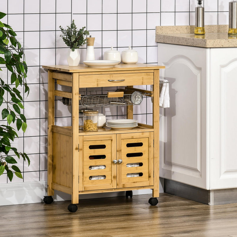 Carrello da Cucina con Cassetto 66x36x79 cm Armadietto e Cestino in Legno