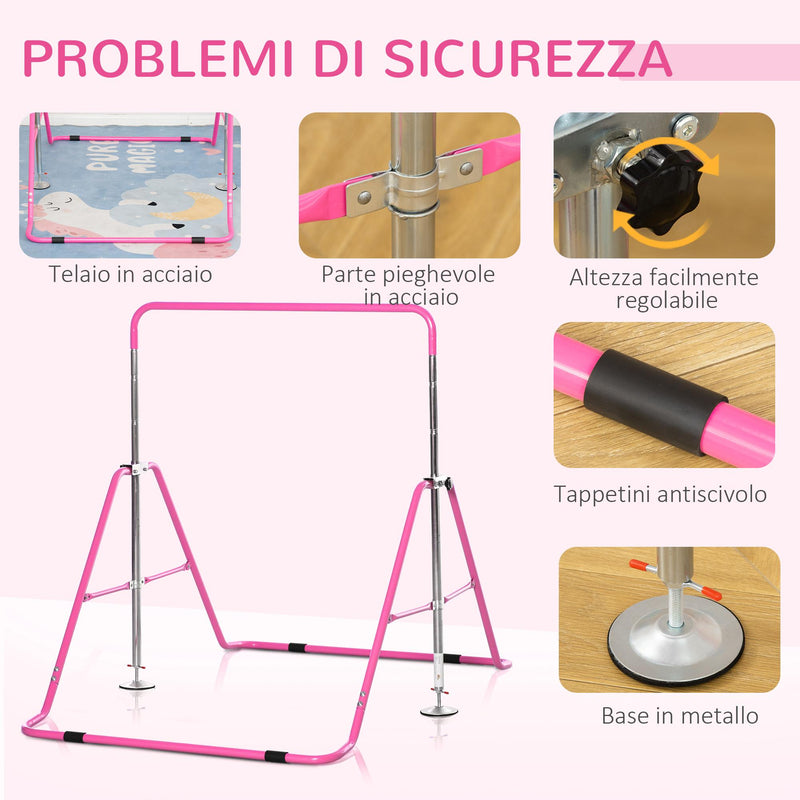 Barra Trazioni per Bambini 148x105x88-128 cm 4 Altezze Regolabili in Acciaio Rosa