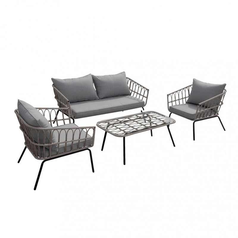 Set Salotto da Giardino Divano 2 Poltrone e Tavolino con Cuscini in Acciaio Grigio