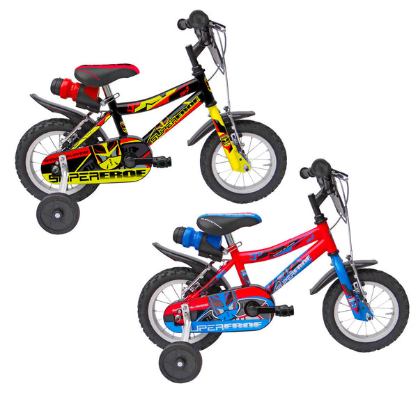 sconto Bicicletta per Bambino 12” 2 Freni Super Hero Nero e Giallo o Rosso e Blu