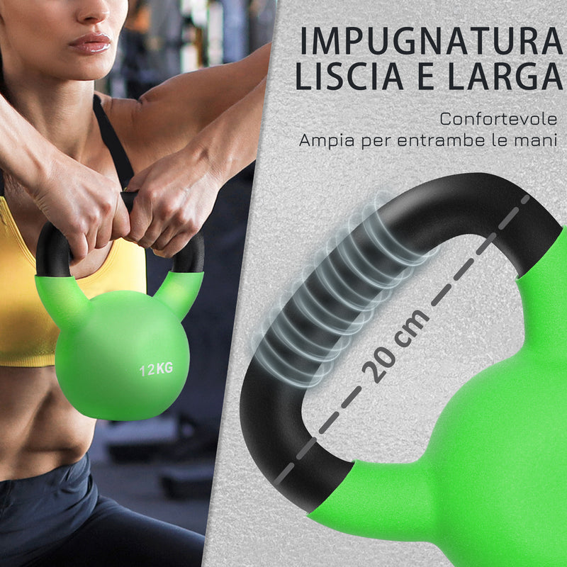 Kettlebell 12 kg per Allenamento Spalle e Bicipiti 20x13x23 cm in Metallo e Gomma Verde