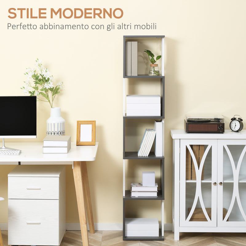 Libreria Moderna Salvaspazio a 5 Ripiani 33x28x161 cm in Legno Grigio e Bianco