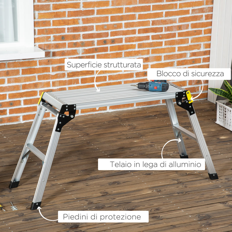 Piattaforma di Lavoro Pieghevole con 4 Piedi Protettivi 128x41x60 cm in Alluminio Argento