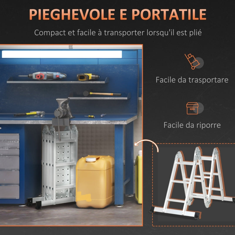 Scala Telescopica a 5 Posizioni con 2 Piattaforme di Sicurezza 339x76x10 cm in Alluminio Argento