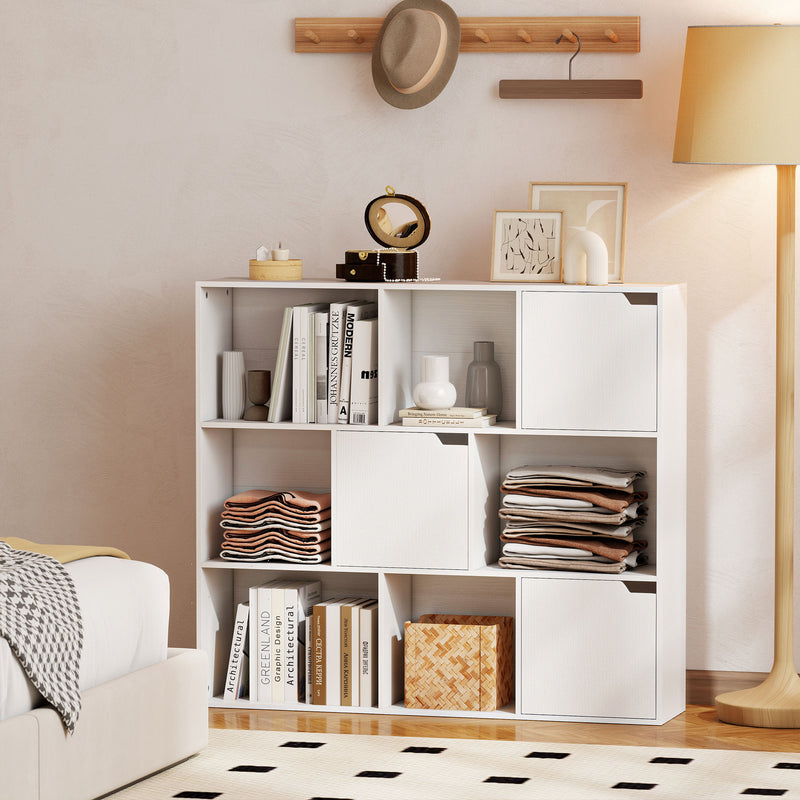 Libreria a Cubi con 6 Sezioni Aperte e 3 Chiuse 106x24x95 cm in Legno Bianco      