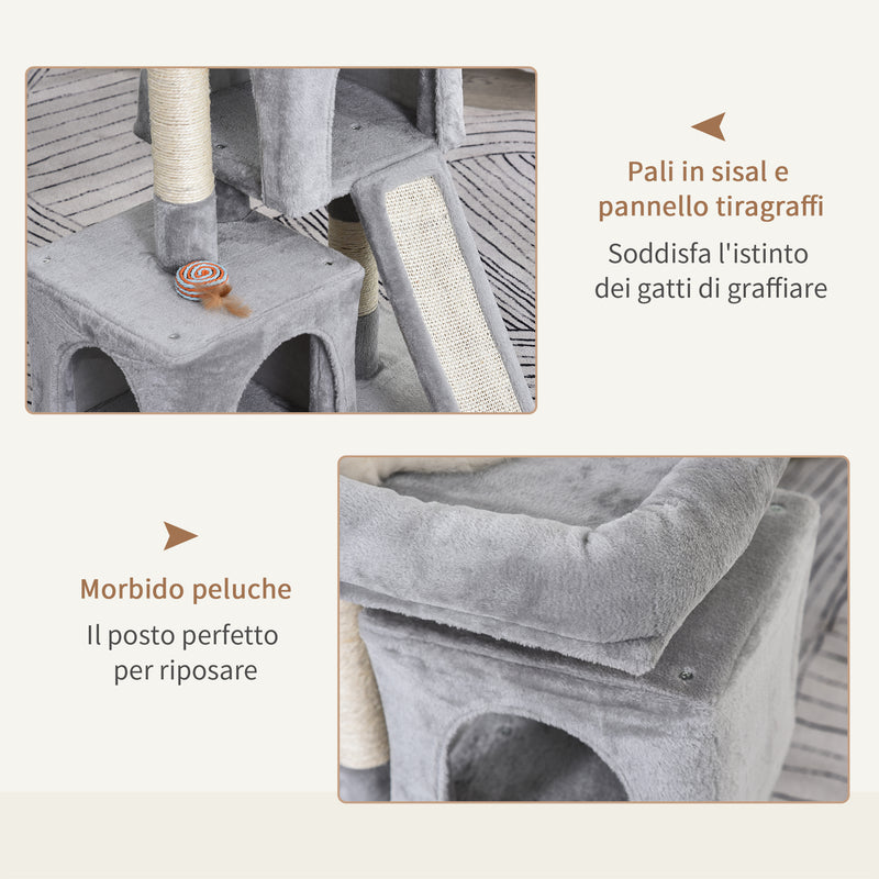 Albero Tiragraffi con Lettino e 2 Casette 59x39x83 cm Pali in Sisal Grigio