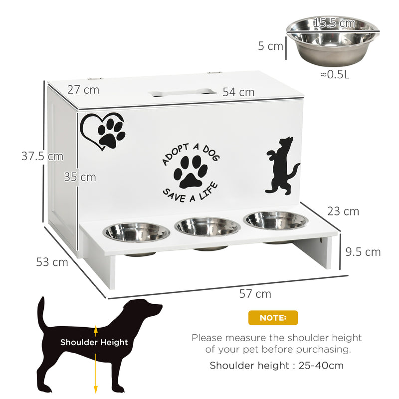 Set 3 Ciotole per Cani 500 ml 57x53x37,5 cm  in MDF e Acciaio Inox Bianco