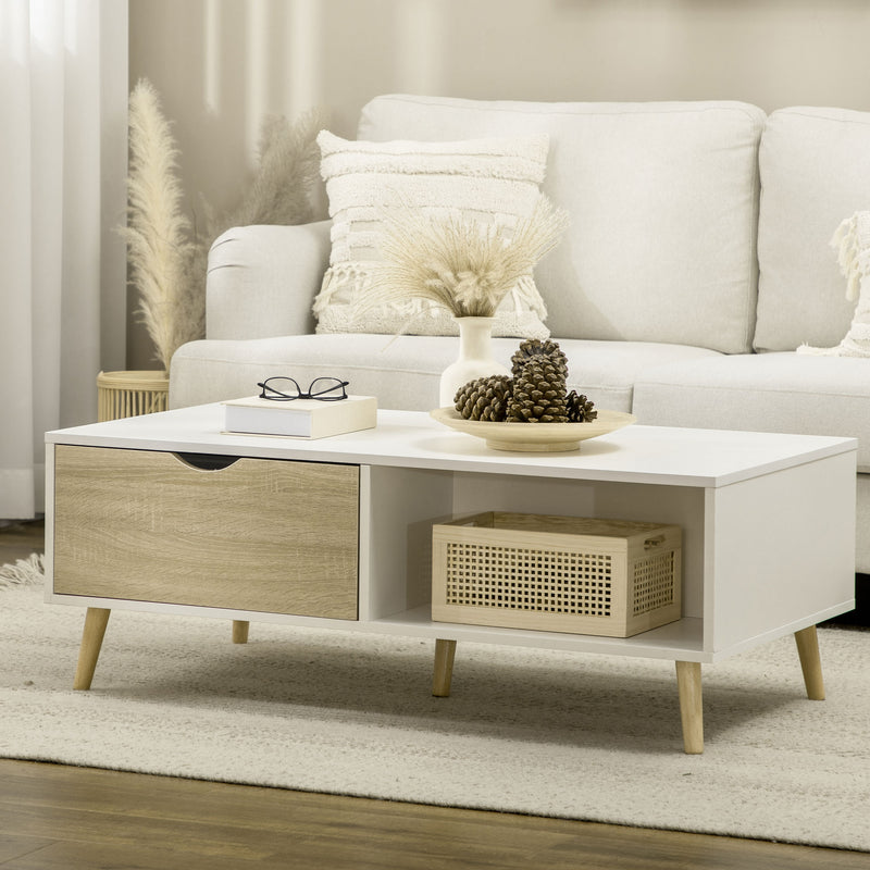 Tavolino da Caffè  106x58x39,5 cm 1 Cassetto e Ripiano in Truciolato Bianco e Legno