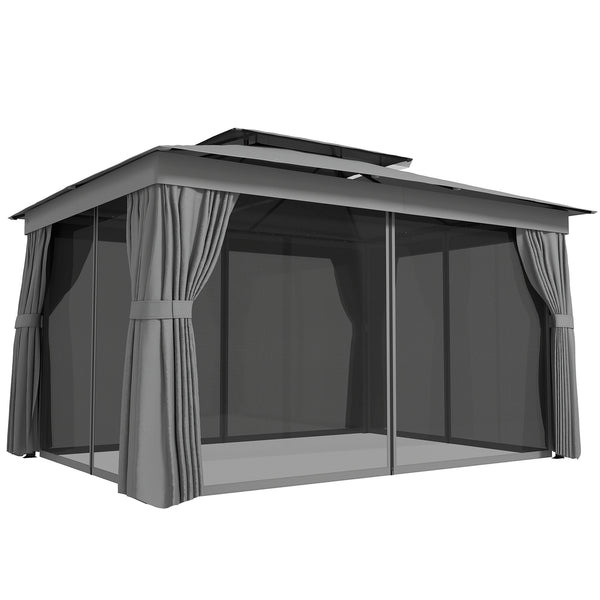 Gazebo da Giardino a 2 Livelli 380x300x270 cm con Zanzariere e Tende in Metallo e Poliestere Grigio Scuro acquista
