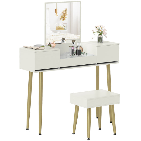 acquista Consolle Trucco con Cassetti Specchio e Sgabello con Vano Contenitore in Truciolato Bianco