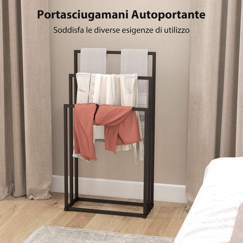 Portasciugamani da Terra a 3 Bracci Autoportante 45x21.5x85 cm in Acciaio Nero      