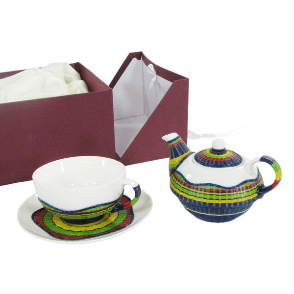 Set Teiera con Tazza e Piattino in Porcellana in Porcellana Decoro in Bambù Multicolor acquista