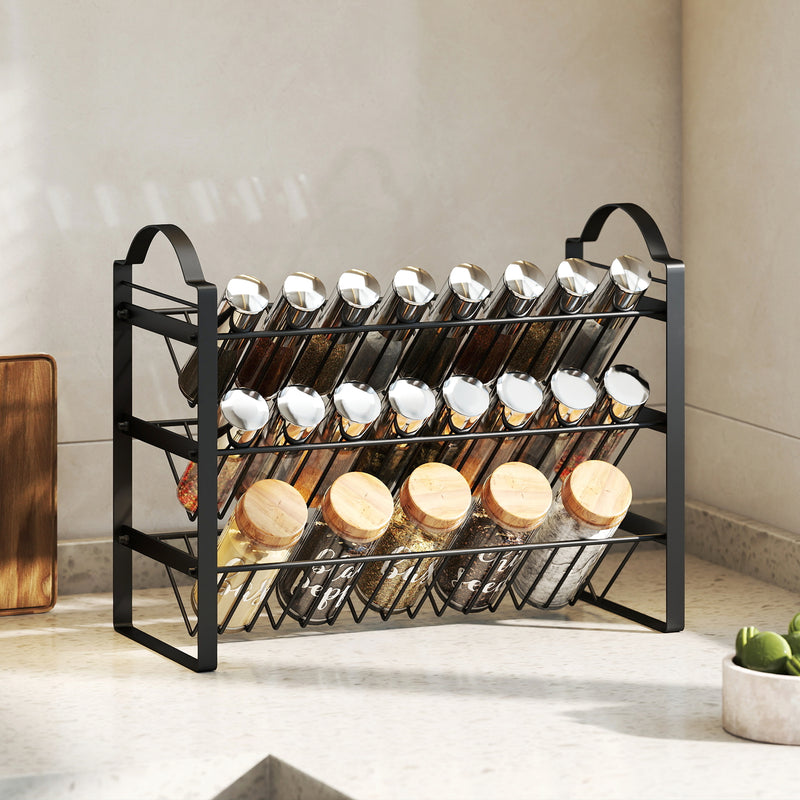 Portaspezie da Cucina a 3 Livelli 39,5x18x33 cm con Ripiani Inclinati in Metallo Nero   